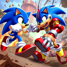 An action-packed scene depicting Sonic the Hedgehog in a dynamic pose, facing off against Dr