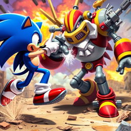 An action-packed scene depicting Sonic the Hedgehog in a dynamic pose, facing off against Dr