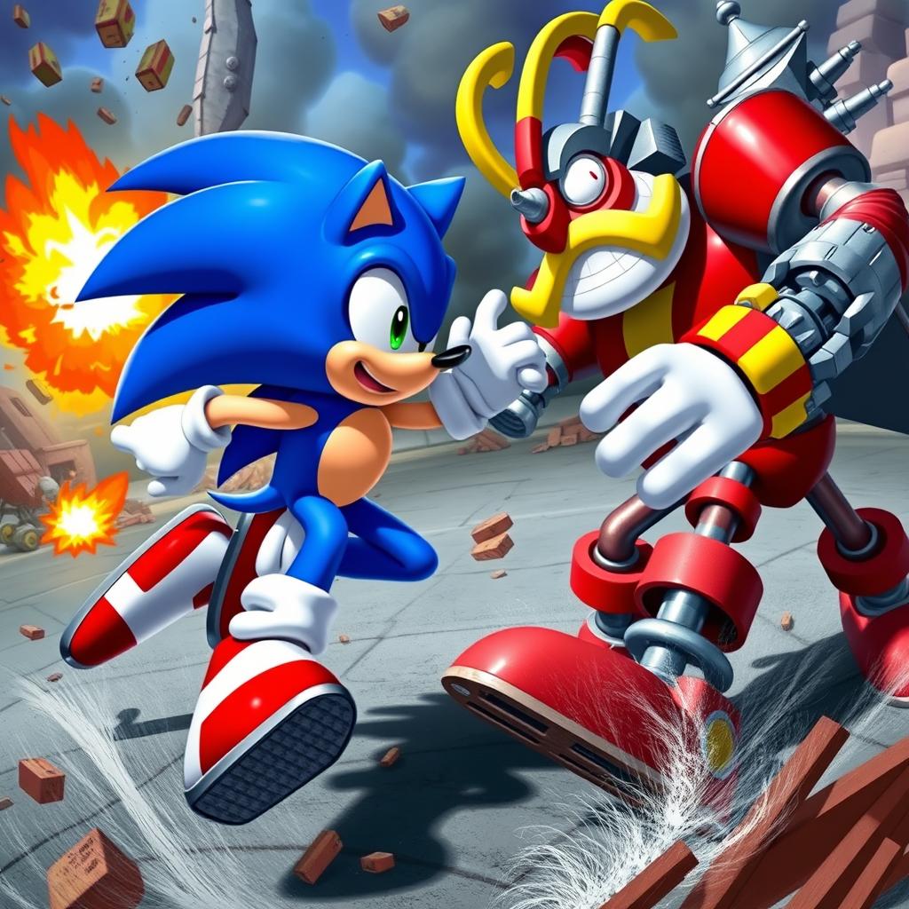An action-packed scene depicting Sonic the Hedgehog in a dynamic pose, facing off against Dr