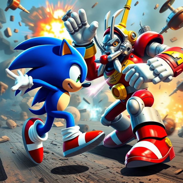 An action-packed scene depicting Sonic the Hedgehog in a dynamic pose, facing off against Dr