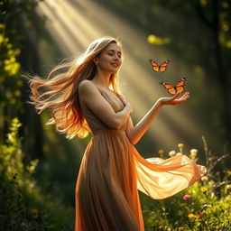 A striking image of a beautiful woman in a flowing dress standing in a sunlit forest, her hand gently releasing a butterfly into the air