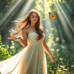 A striking image of a beautiful woman in a flowing dress standing in a sunlit forest, her hand gently releasing a butterfly into the air