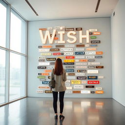 A cinematic shot of a woman standing in front of a giant wish wall installation, which is creatively built from a variety of light signs made from different materials and featuring diverse font styles