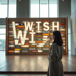 A cinematic shot of a woman standing in front of a giant wish wall installation, which is creatively built from a variety of light signs made from different materials and featuring diverse font styles