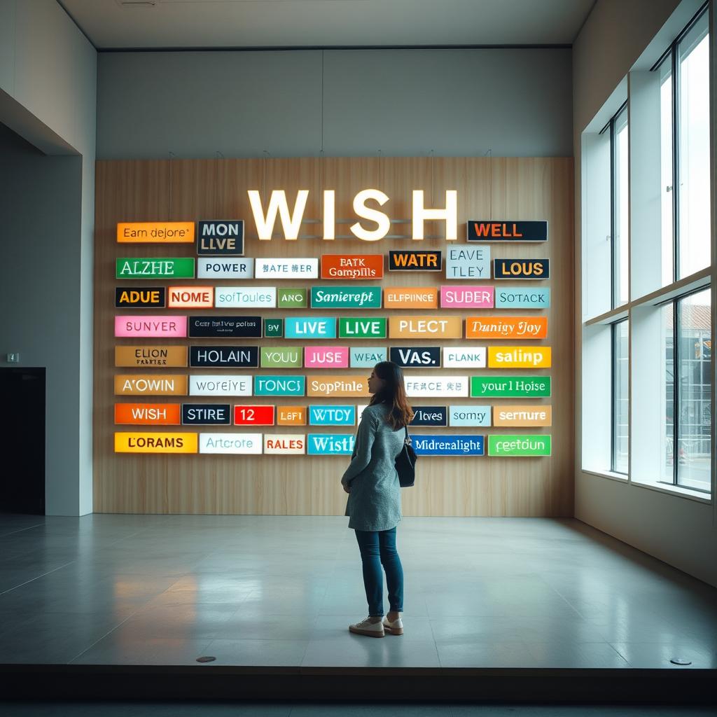 A cinematic shot of a woman standing in front of a giant wish wall installation, which is creatively built from a variety of light signs made from different materials and featuring diverse font styles