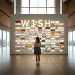 A cinematic shot of a woman standing in front of a giant wish wall installation, which is creatively built from a variety of light signs made from different materials and featuring diverse font styles
