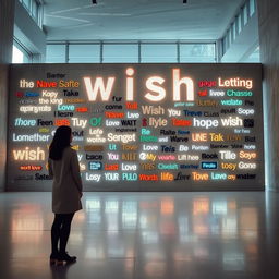 A cinematic shot capturing a woman standing in front of a giant wish wall installation, composed of various light signs crafted from different materials and showcasing a diverse array of font styles
