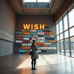 A cinematic shot capturing a woman standing in front of a giant wish wall installation, composed of various light signs crafted from different materials and showcasing a diverse array of font styles