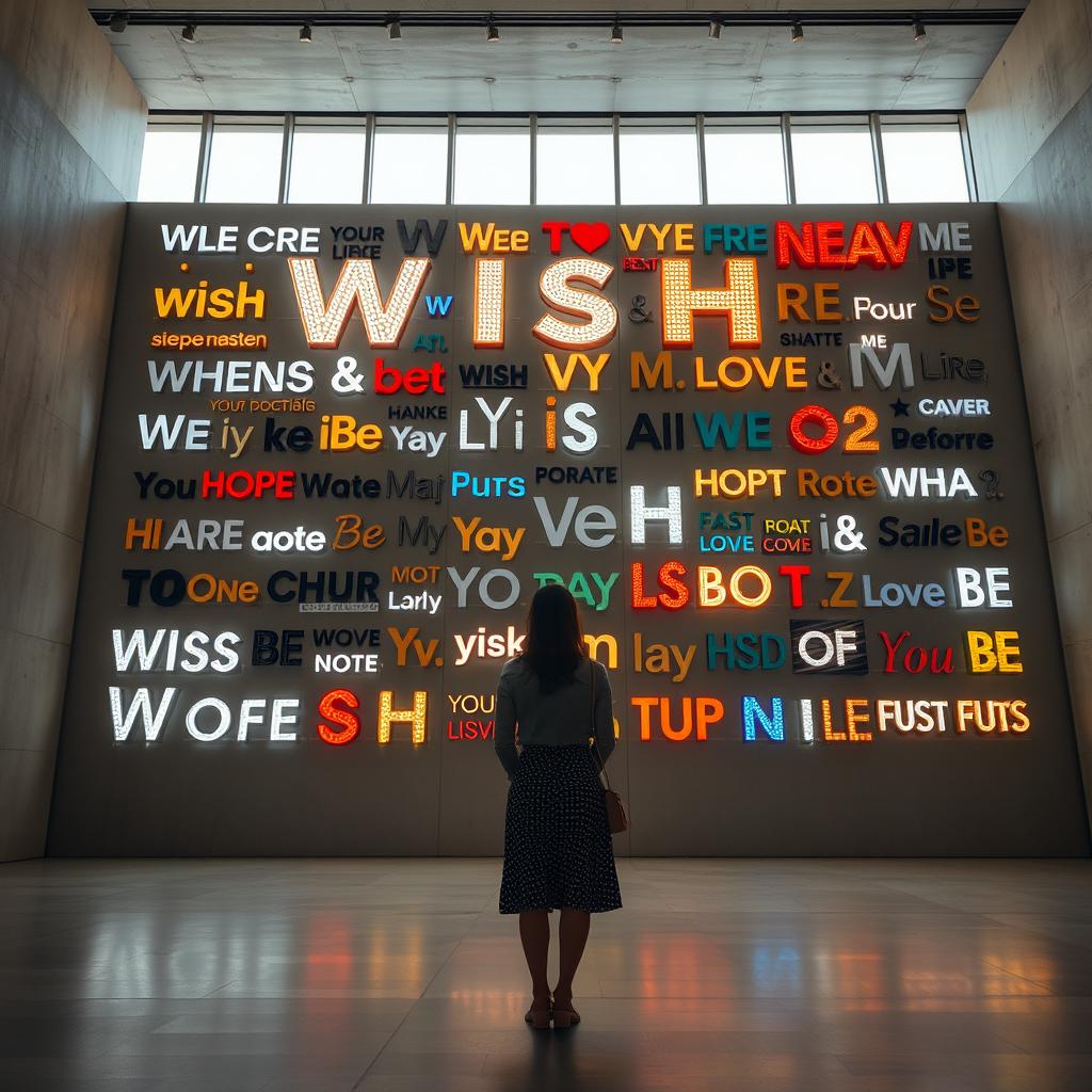 A cinematic shot capturing a woman standing in front of a giant wish wall installation, composed of various light signs crafted from different materials and showcasing a diverse array of font styles