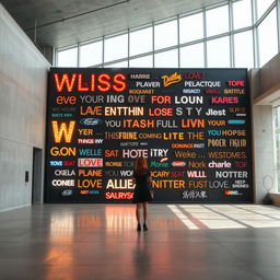 A cinematic shot capturing a woman standing in front of a giant wish wall installation, composed of various light signs crafted from different materials and showcasing a diverse array of font styles