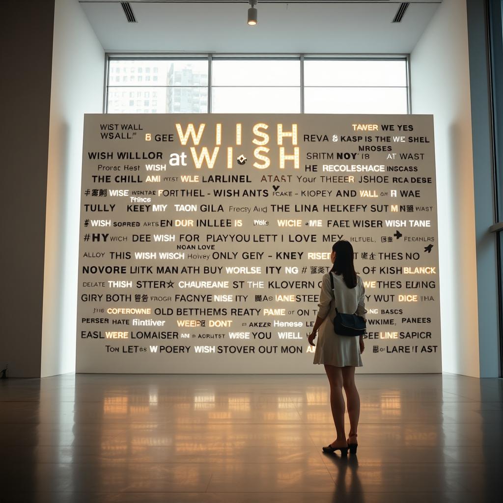 A cinematic shot of a woman standing in front of a massive wish wall installation, creatively constructed from a variety of light signs made with different materials and showcasing an array of font styles