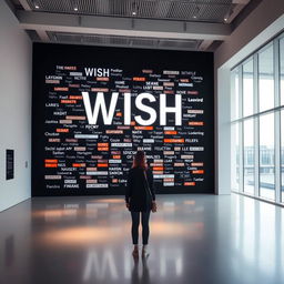 A cinematic shot of a woman standing in front of a massive wish wall installation, creatively constructed from a variety of light signs made with different materials and showcasing an array of font styles