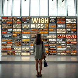 A cinematic shot of a woman standing in front of a massive wish wall installation, creatively constructed from a variety of light signs made with different materials and showcasing an array of font styles