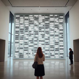 A cinematic shot of a woman standing in front of a massive wish wall installation, creatively constructed from a variety of light signs made with different materials and showcasing an array of font styles