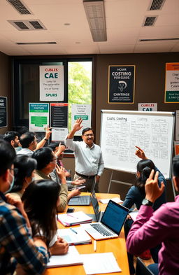 A bustling CA Inter classroom filled with students focused on learning Costing