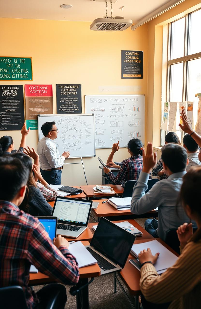 A bustling CA Inter classroom filled with students focused on learning Costing