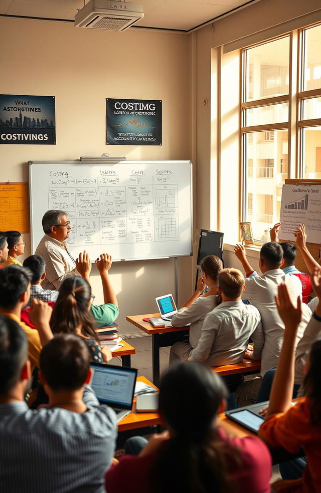 A bustling CA Inter classroom filled with students focused on learning Costing