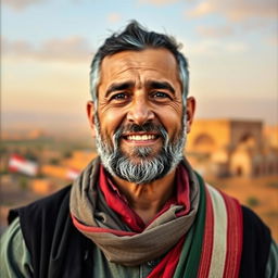 A portrait of Abdul Baset Sarout, depicted as a passionate and courageous figure, wearing traditional Syrian attire