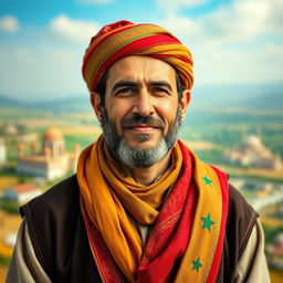 A portrait of Abdul Baset Sarout, depicted as a passionate and courageous figure, wearing traditional Syrian attire