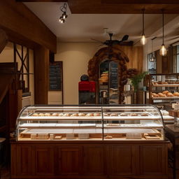 A modern Parisian style interior of a bakery cafe, well-lit and elegantly decorated with rustic furniture, pastries displayed in glass cases, and coffee brewing equipment.