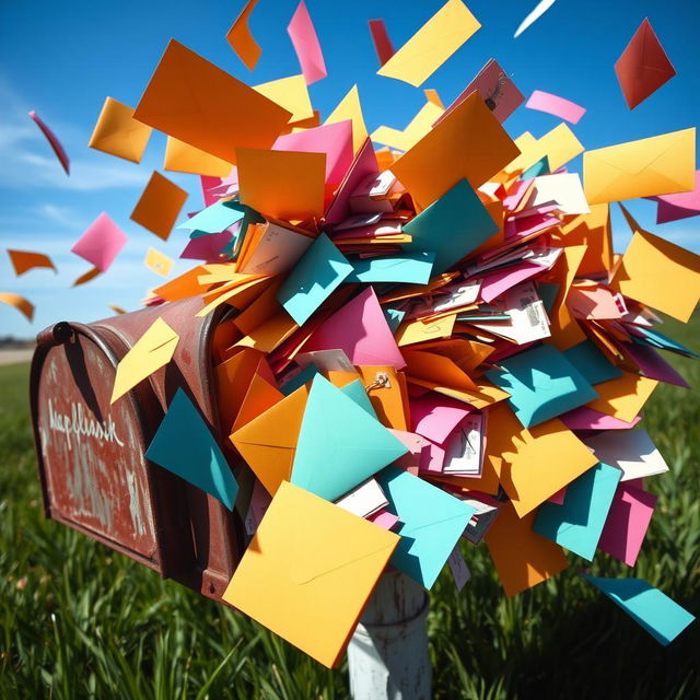 A vibrant and chaotic scene of a mailbox overflowing with letters and envelopes, bursting at the seams