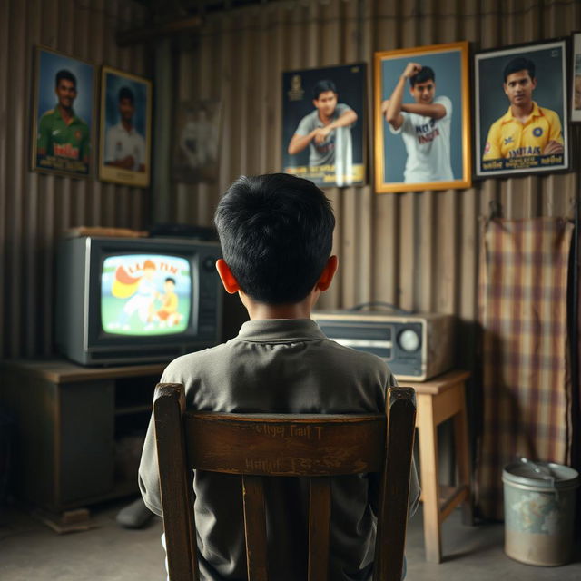 A nostalgic scene from the early 2000s showcasing a Bangladeshi 13-year-old boy watching cartoons on an old black and white TV