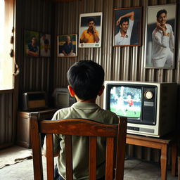 A nostalgic scene from the early 2000s showcasing a Bangladeshi 13-year-old boy watching cartoons on an old black and white TV