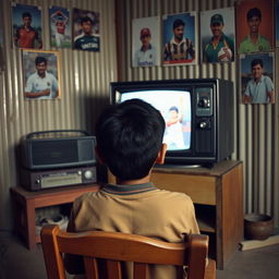 A nostalgic scene from the early 2000s showcasing a Bangladeshi 13-year-old boy watching cartoons on an old black and white TV