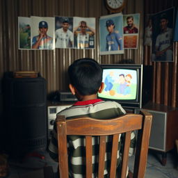 A nostalgic scene from the early 2000s showcasing a Bangladeshi 13-year-old boy watching cartoons on an old black and white TV
