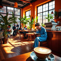 A vibrant and colorful scene inside an urban cafe, with sunlight streaming through large windows, casting playful shadows on the wooden floor
