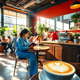 A vibrant and colorful scene inside an urban cafe, with sunlight streaming through large windows, casting playful shadows on the wooden floor