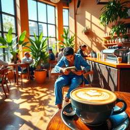 A vibrant and colorful scene inside an urban cafe, with sunlight streaming through large windows, casting playful shadows on the wooden floor