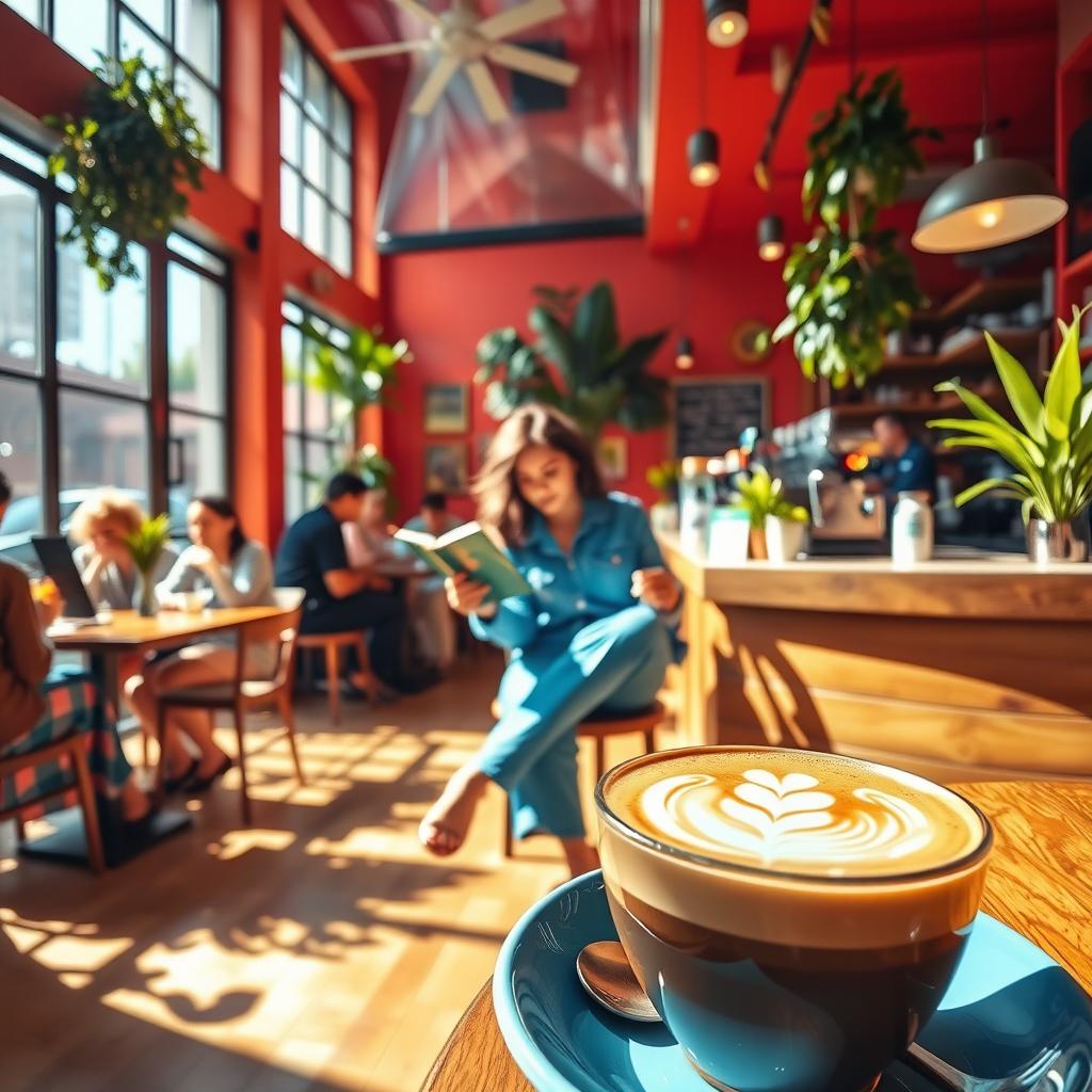A vibrant and colorful scene inside an urban cafe, with sunlight streaming through large windows, casting playful shadows on the wooden floor