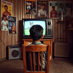A nostalgic scene depicting a Bangladeshi boy watching the classic cartoon 'Tom and Jerry' on a black and white television