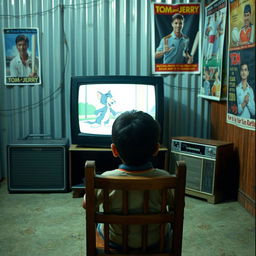 A nostalgic scene depicting a Bangladeshi boy watching the classic cartoon 'Tom and Jerry' on a black and white television