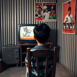 A nostalgic scene depicting a Bangladeshi boy watching the classic cartoon 'Tom and Jerry' on a black and white television