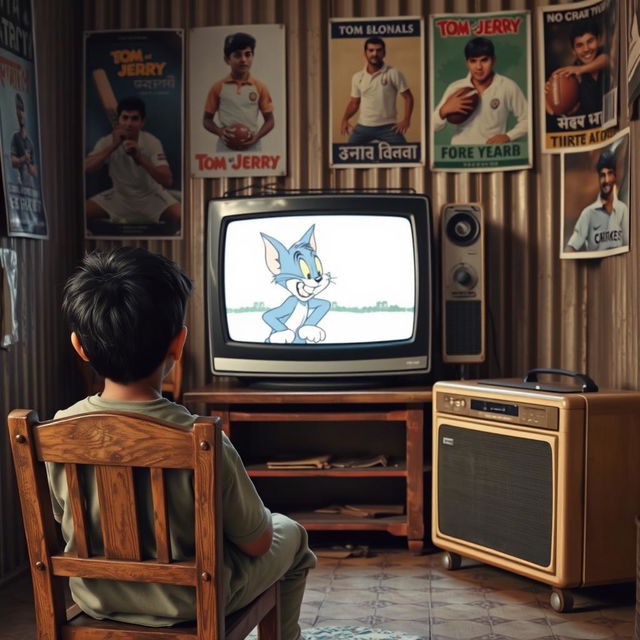 A nostalgic scene depicting a Bangladeshi boy watching the classic cartoon 'Tom and Jerry' on a black and white television