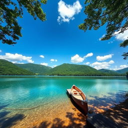 A clear and filtered image of a serene landscape featuring a tranquil lake surrounded by lush green hills under a bright blue sky
