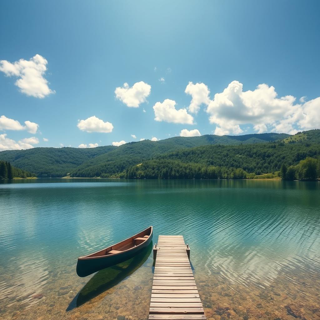 A clear and filtered image of a serene landscape featuring a tranquil lake surrounded by lush green hills under a bright blue sky