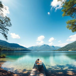 A clear and filtered image of a serene landscape featuring a tranquil lake surrounded by lush green hills under a bright blue sky