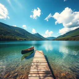 A clear and filtered image of a serene landscape featuring a tranquil lake surrounded by lush green hills under a bright blue sky