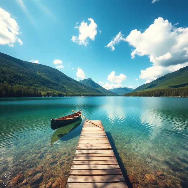 A clear and filtered image of a serene landscape featuring a tranquil lake surrounded by lush green hills under a bright blue sky