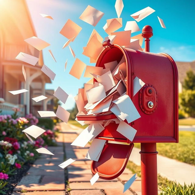 A whimsical scene showing an overflowing mailbox bursting with letters and envelopes