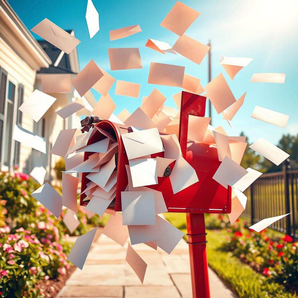 A whimsical scene showing an overflowing mailbox bursting with letters and envelopes