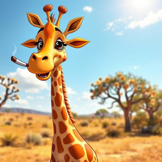 A cartoon-style giraffe casually smoking a cigarette