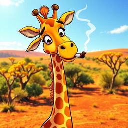 A cartoon-style giraffe casually smoking a cigarette