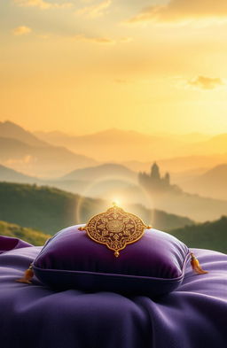 A soft, dreamy landscape depicting rolling hills and misty mountains in the background, with ancient temple ruins faintly visible in the distance