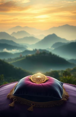 A soft, dreamy landscape depicting rolling hills and misty mountains in the background, with ancient temple ruins faintly visible in the distance