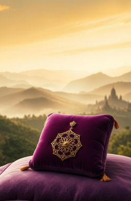 A soft, dreamy landscape depicting rolling hills and misty mountains in the background, with ancient temple ruins faintly visible in the distance