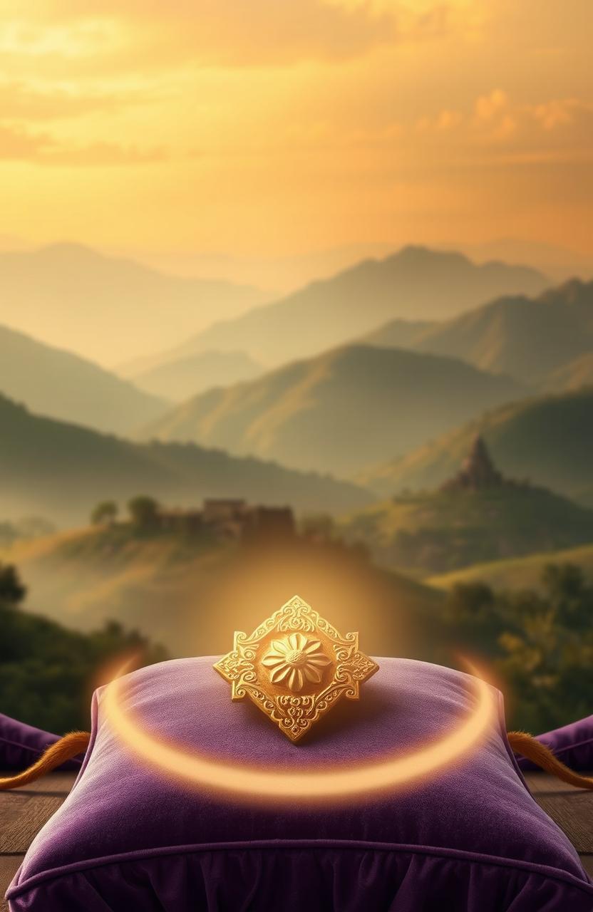 A soft, dreamy landscape depicting rolling hills and misty mountains in the background, with ancient temple ruins faintly visible in the distance